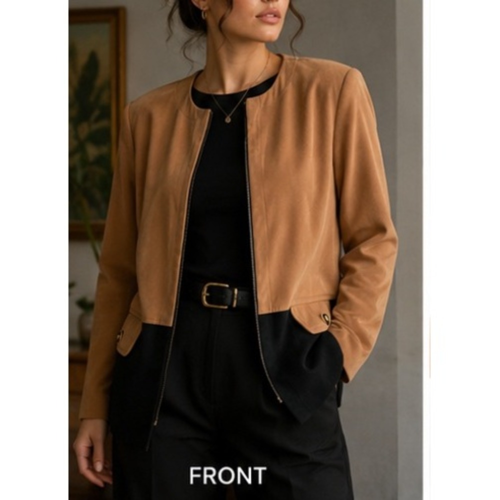 Vintage Worthington Colorblock Zip Jacket Camel Black Minimalist Blazer 14